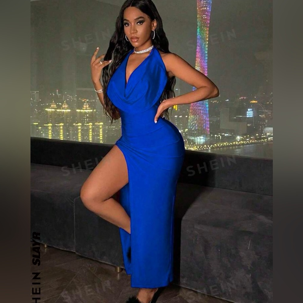 Royal Navy Draped Halter Slit Dress